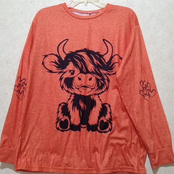 Tops - Orange Long Sleeve Shirt with Cow Print  And Hearts Size Medium